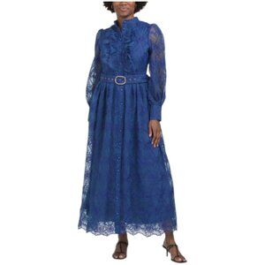 DALIA MACPHEE Long Sleeve Mock Neck Lace Dress With Belt